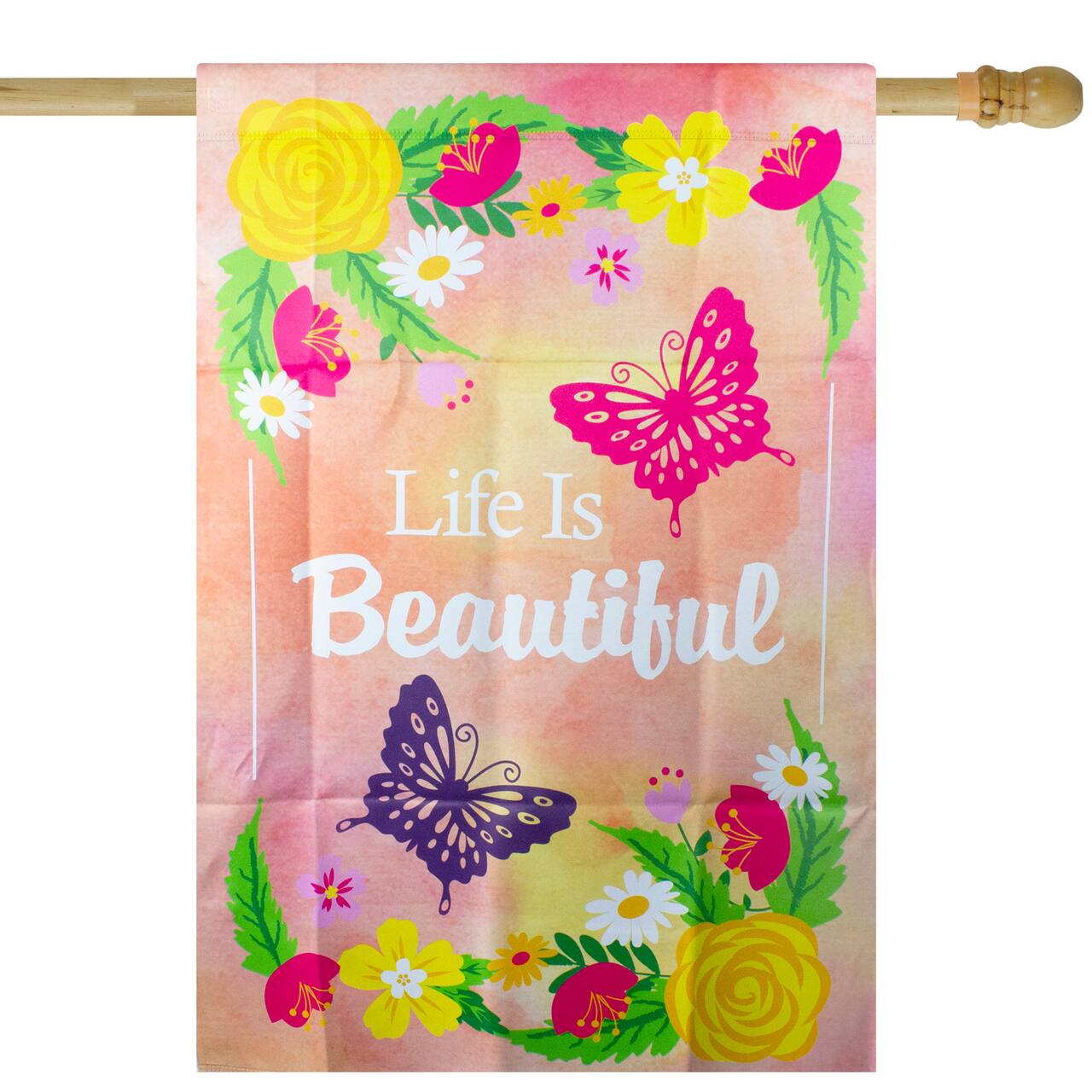 40" Multicolor Life is Beautiful Pink Floral Outdoor House Flag